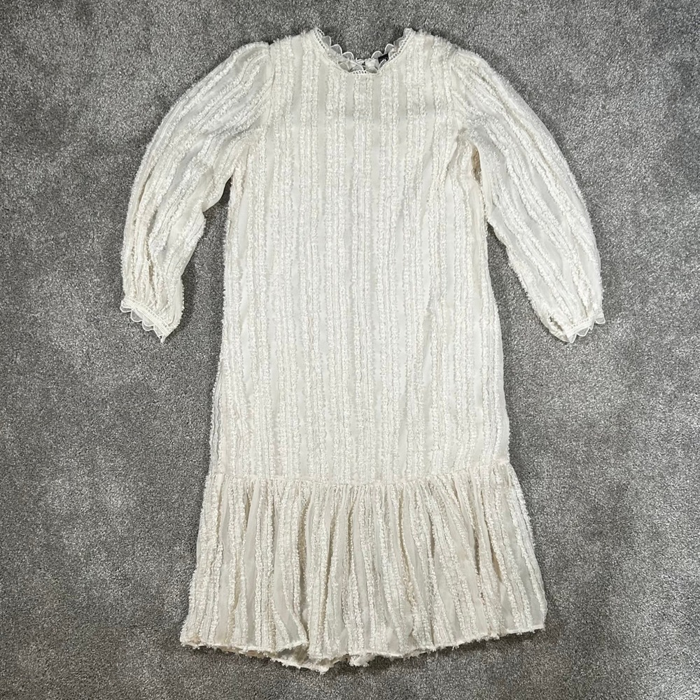 Dazy‎ White Textured Fringe Stripe Lace Trim Long Sleeve Ruffle Hem Midi Dress S